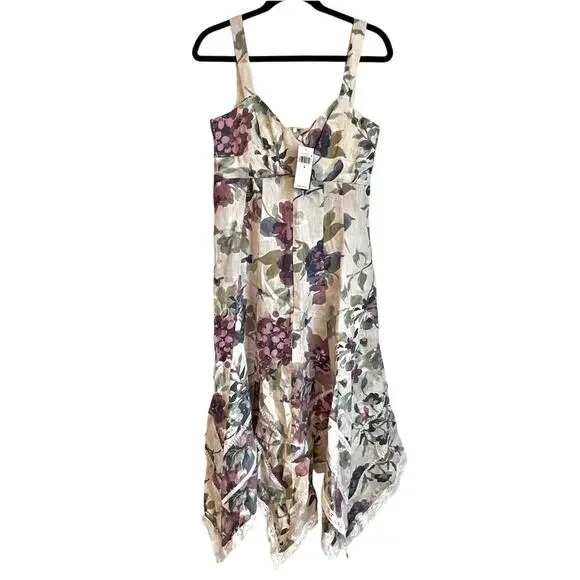 Lauren Ralph Lauren Floral Handkerchief-Hem Midi Dress Cream Multi Size 6 NWT